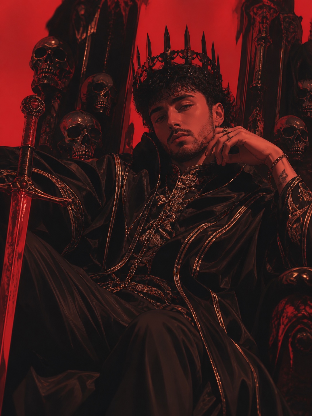Dark red crown anime cyber medieval vibe